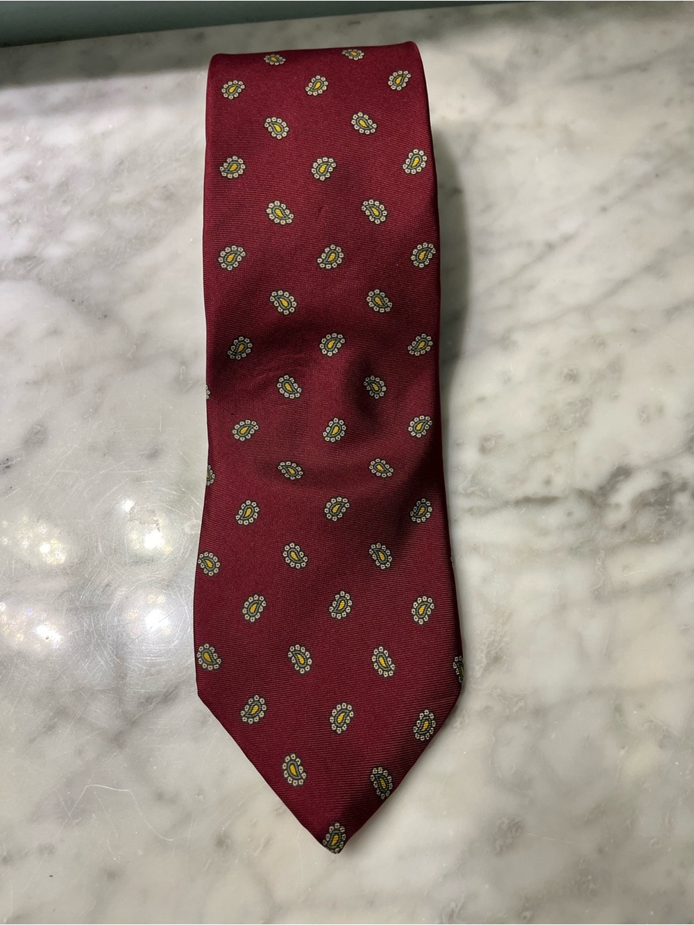 Lands' End Men's Burgundy Silk Tie with Yellow-Green Paisley Dots